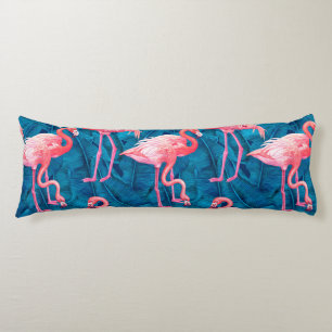 Flamingos on blue banana leaves body pillow