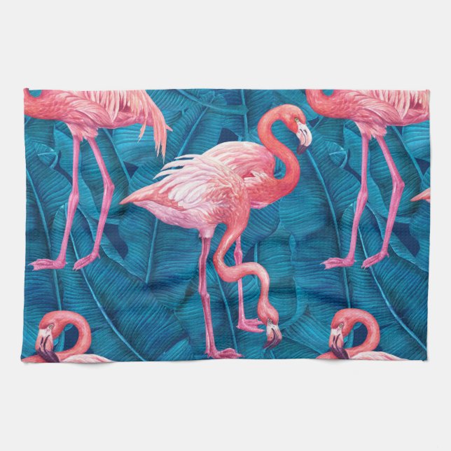 Flamingos on blue banana leaves kitchen towel (Horizontal)