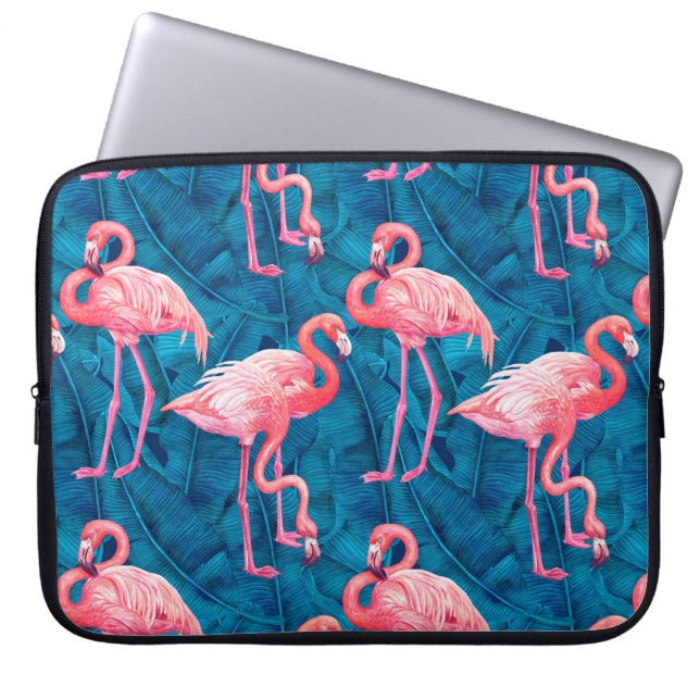 Flamingos on blue banana leaves laptop sleeve (Front)