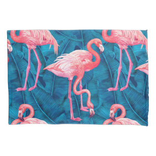 Flamingos on blue banana leaves pillowcase