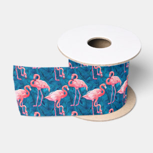 Flamingos on blue banana leaves satin ribbon