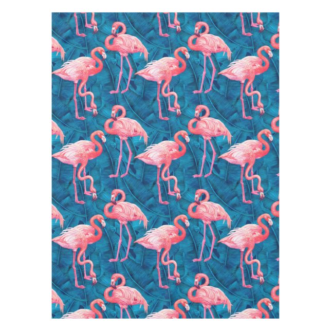 Flamingos on blue banana leaves tablecloth (Front)
