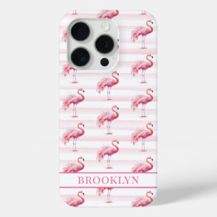 Flamingos on Watercolor Stripes Monogrammed iPhone 15 Pro Case