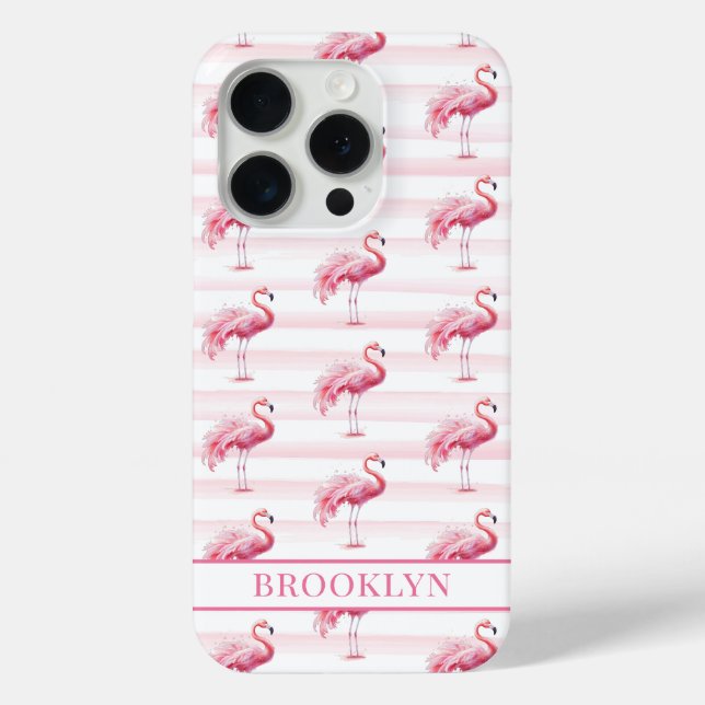 Flamingos on Watercolor Stripes Monogrammed Case-Mate iPhone Case (Back)