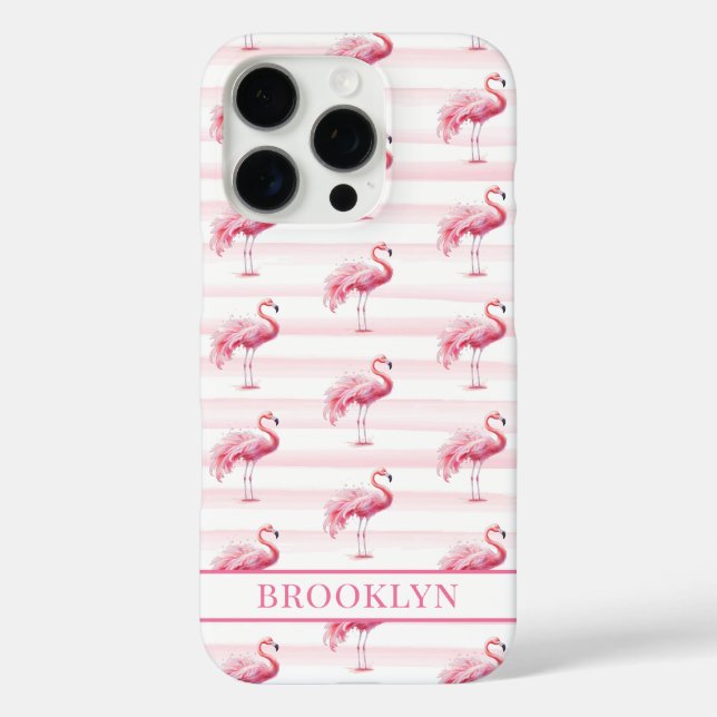 Flamingos on Watercolor Stripes Monogrammed Case-Mate iPhone Case (Back)