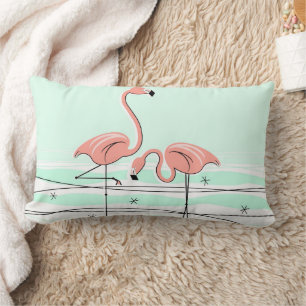 Flamingos Pair Aqua coral check back lumbar Pillow