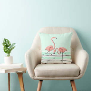 Flamingos Pair Aqua coral check back square Throw Pillow