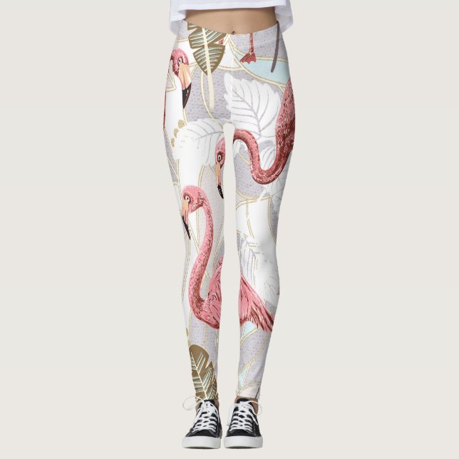 Flamingos, palm leaves: vintage pattern. leggings (Front)