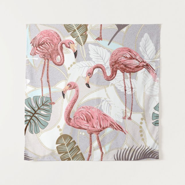 Flamingos, palm leaves: vintage pattern. tapestry (Front)
