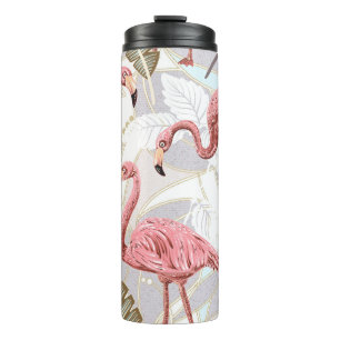 Flamingos, palm leaves: vintage pattern. thermal tumbler