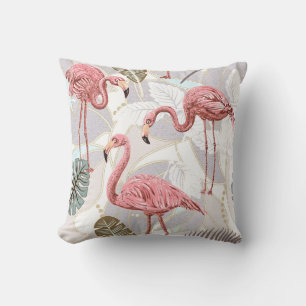 Flamingos, palm leaves: vintage pattern. throw pillow