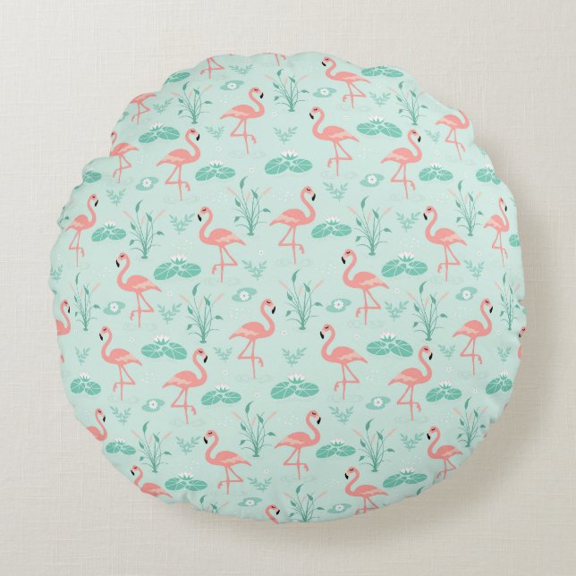 Flamingos Pink Green Tropical Birds Trendy Round Pillow (Front)