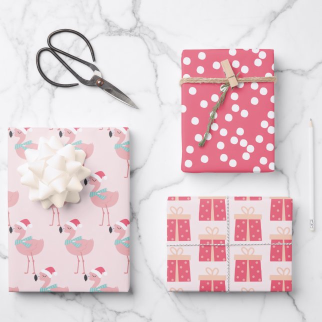Flamingos, Presents & Polkadots - Cute Christmas Wrapping Paper Sheet (Front)