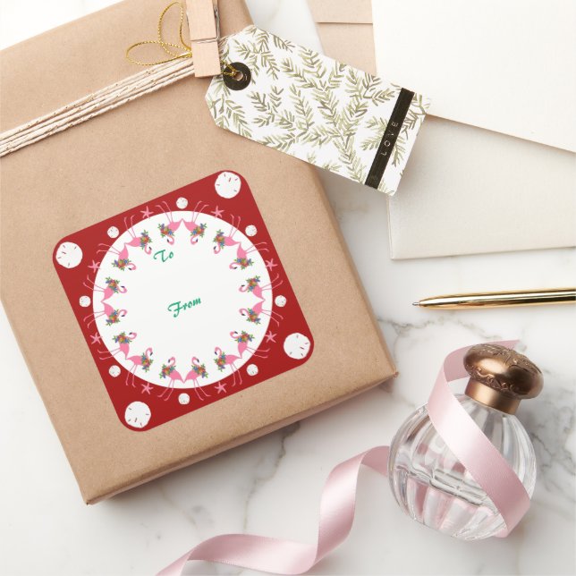 Flamingos Red Beach Christmas To From Gift Label (Gifting)