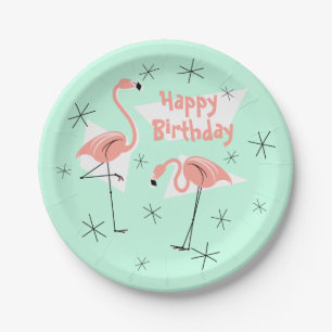 Flamingos Retro Green Happy Birthday Paper Plate