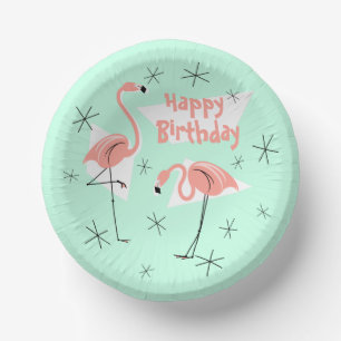 Flamingos Retro Green Happy Birthday Paper Plate