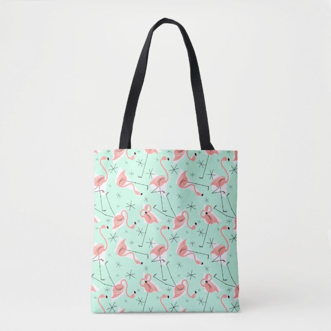 Flamingos Retro Green Multi all over pink back Tote Bag (Front)