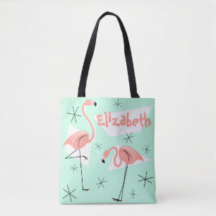 Flamingos Retro Green Name all over tote bag