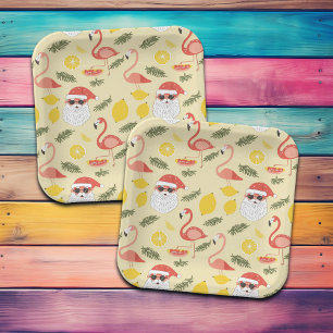 Flamingos & Santa Christmas in July Party Paper Plate
