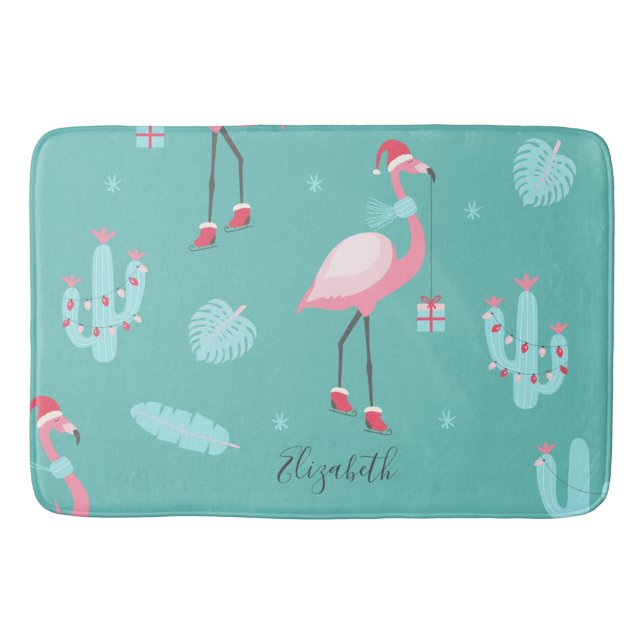  Flamingos Santa Hat Presents Snowflakes   Bath Mat (Front)