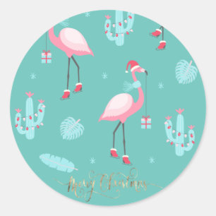 Flamingos Santa Hat Presents Snowflakes Classic Round Sticker