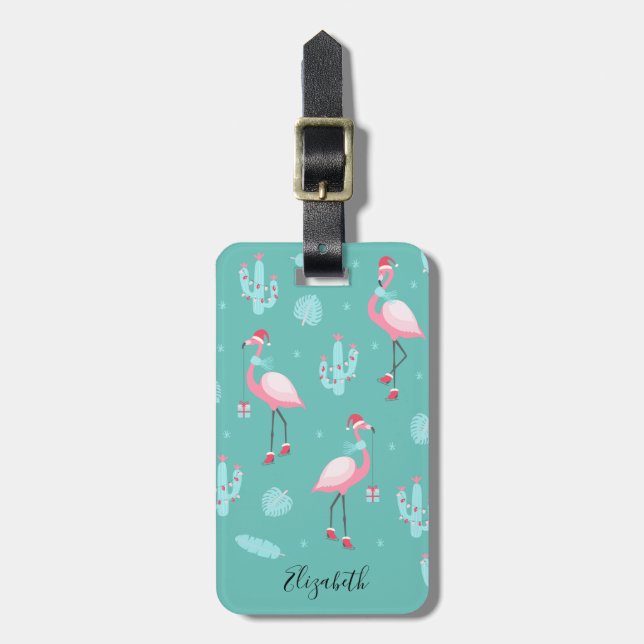  Flamingos Santa Hat Presents Snowflakes Luggage Tag (Front Vertical)