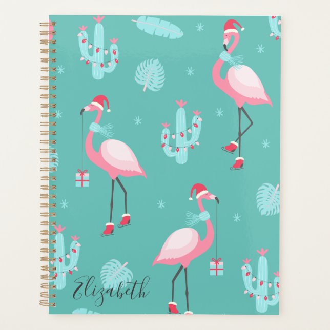  Flamingos Santa Hat Presents Snowflakes   Planner (Front)