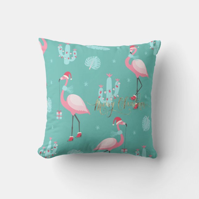  Flamingos Santa Hat Presents Snowflakes  Throw Pillow (Front)