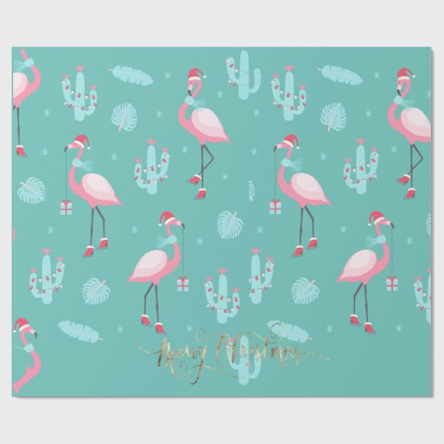  Flamingos Santa Hat Presents Snowflakes  Wrapping Paper (Flat)