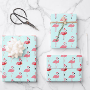 Flamingos Santa Pink Flamingo Blue Christmas Wrapping Paper Sheet
