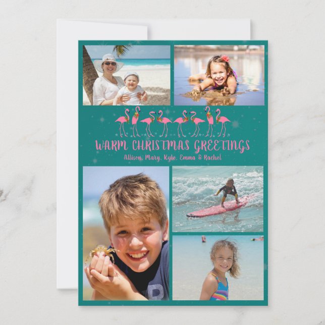 Flamingos Stars Teal Christmas Photo Collage Card (Front)