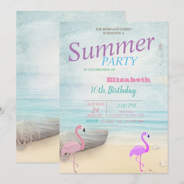 Flamingos Summer Boat Lighthouse Birthday Party  Invitation (Front/Back)