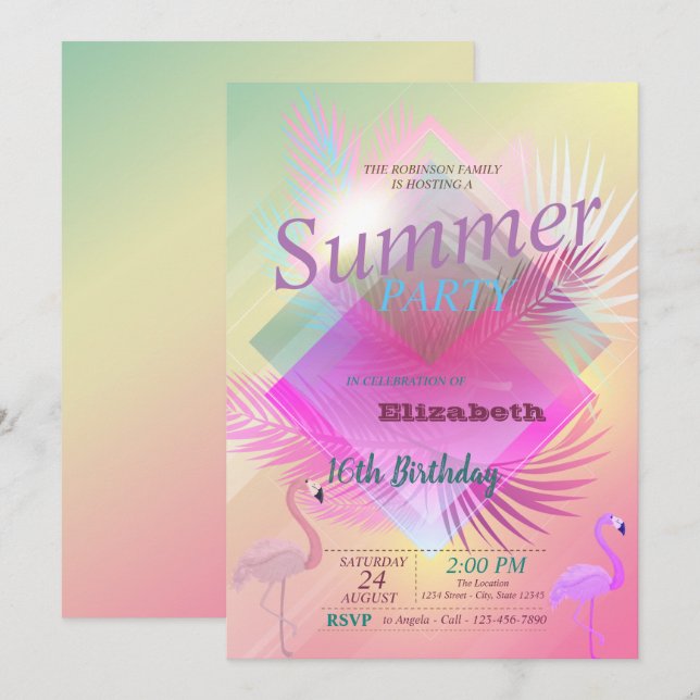 Flamingos Summer Pool Ombre Birthday Party Invitation (Front/Back)