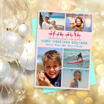 Flamingos Tropical Christmas Photo Collage Pink Holiday Card<br><div class="desc">Flamingos family Christmas flat photo card with a place for five pictures of the kids, pets, parents or vacation photos. Pale pink colour with two photo templates at the top. A row of pink flamingos wearing tropical holiday wreaths and standing among tiny blue starfish decorate the text area. Modern text...</div>