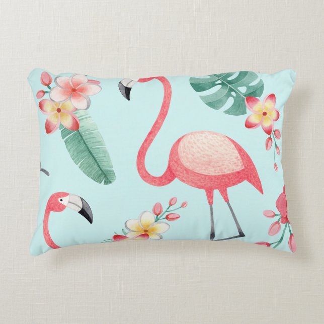 Flamingos Tropical Flowers Watercolor Pattern Accent Pillow (Front)