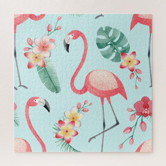 Flamingos Tropical Flowers Watercolor Pattern Jigsaw Puzzle (Vertical)