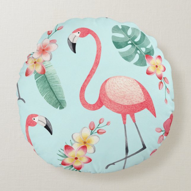 Flamingos Tropical Flowers Watercolor Pattern Round Pillow (Front)