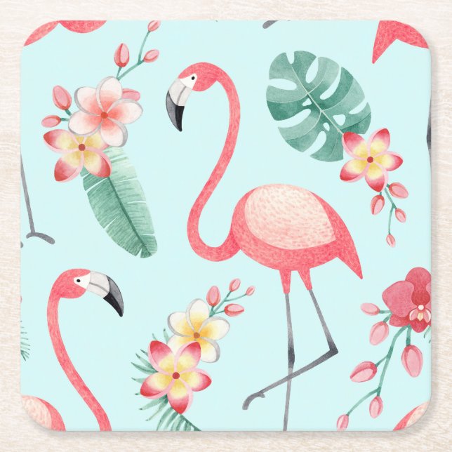 Flamingos Tropical Flowers Watercolor Pattern Square Paper Coaster (Front)