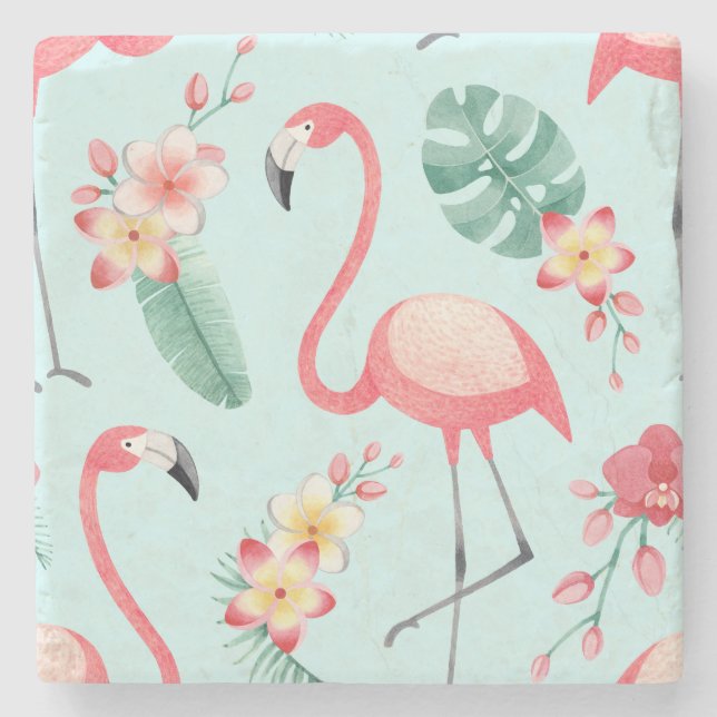 Flamingos Tropical Flowers Watercolor Pattern Stone Coaster (Front)