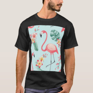 Flamingos Tropical Flowers Watercolor Pattern T-Shirt