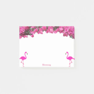 Flamingos & Tropical Magenta Pink Flowers on White Post-it Notes