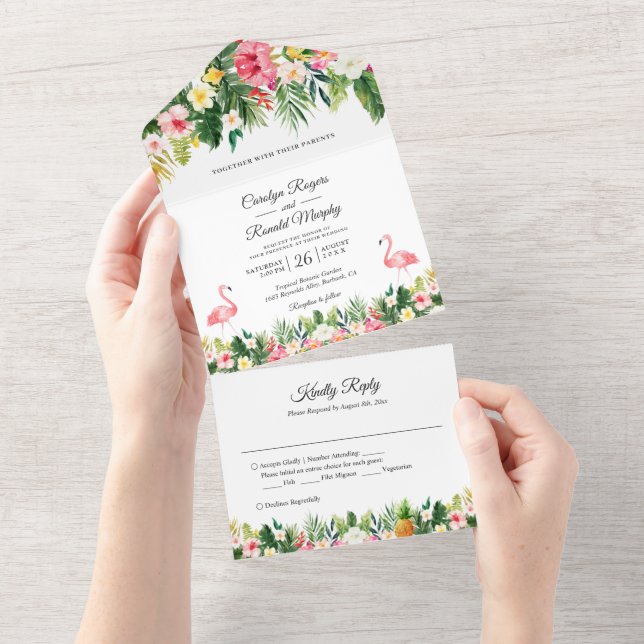 Flamingos Tropical Palm Leaves Floral Wedding All In One Invitation (Tearaway)
