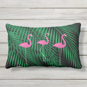 Flamingos & Tropical Palm Leaves on Black Outdoor Outdoor Pillow