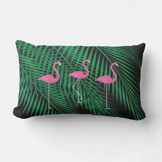 Flamingos & Tropical Palm Leaves on Black Outdoor Outdoor Pillow (Front)