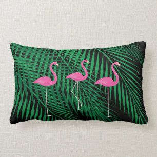 Flamingos & Tropical Palm Leaves on Black Sky Lumbar Pillow