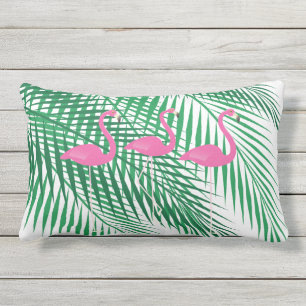 Flamingos & Tropical Palm Leaves - Outdoor Lumbar Pillow