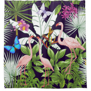 Flamingos, tropical plants: vintage pattern.
