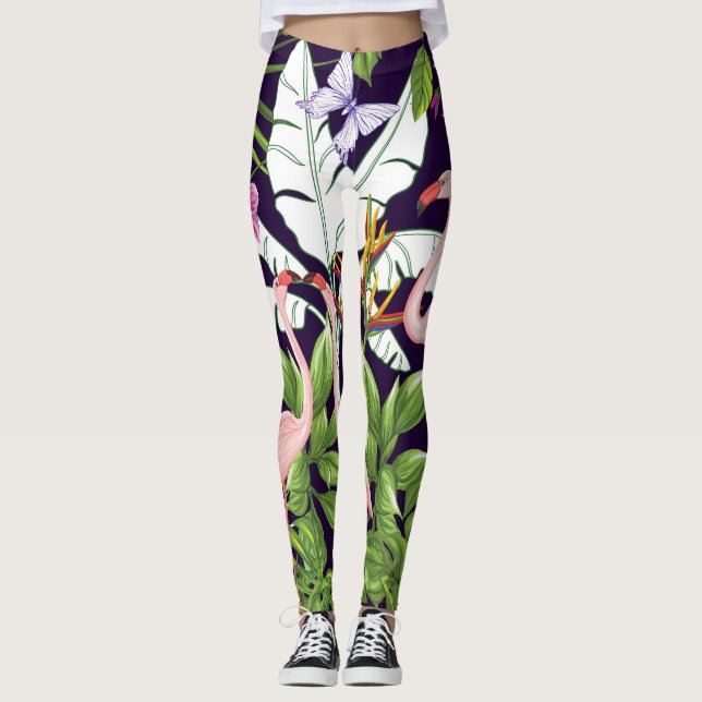 Flamingos, tropical plants: vintage pattern. leggings (Front)