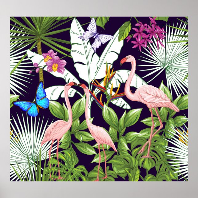 Flamingos, tropical plants: vintage pattern. poster (Front)