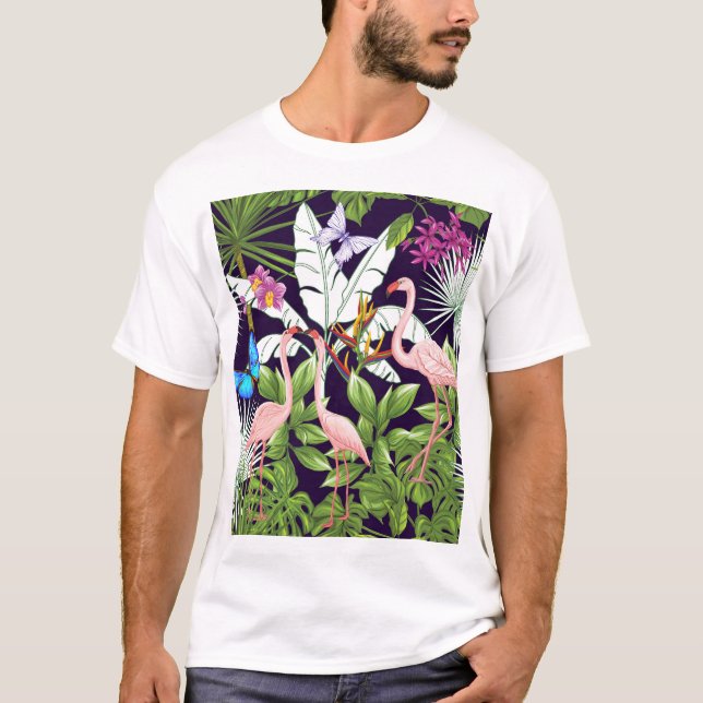 Flamingos, tropical plants: vintage pattern. T-Shirt (Front)